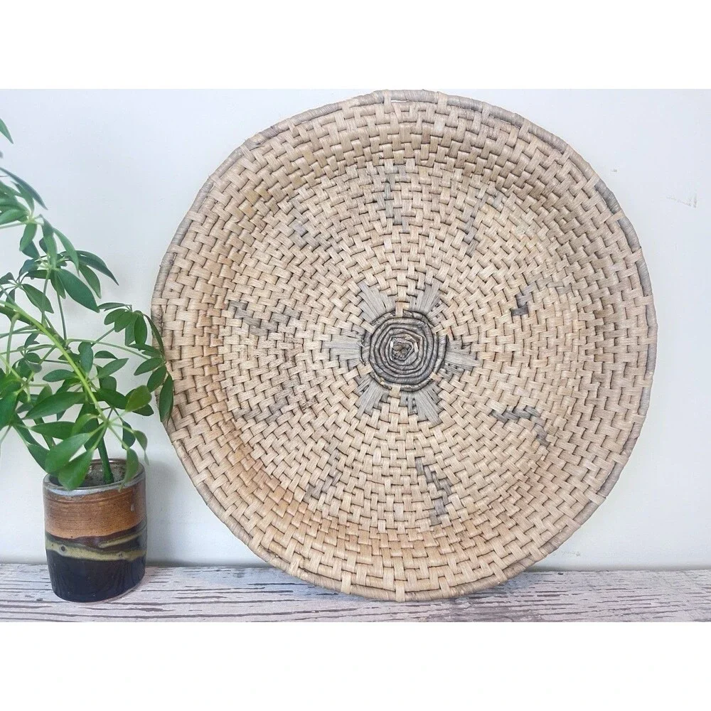 Vintage Large Rustic Primitive Woven Tray Basket Large Tan & Grey 16.5” Israel
